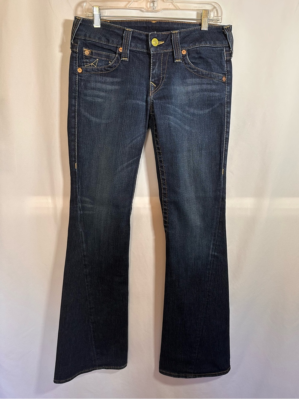 True Religion Joey Twisted Seam Dark Wash Flare Jeans Yellow Stitching Y2K 30x34